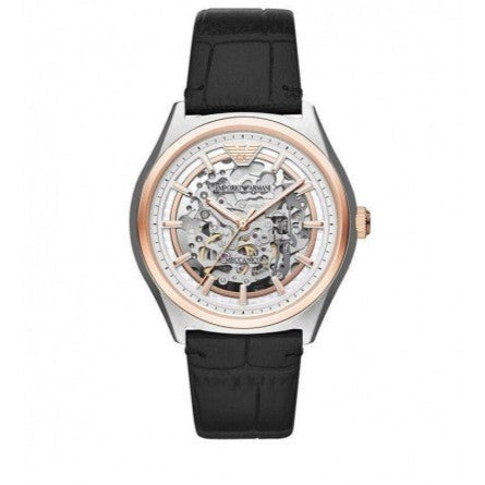 Emporio Armani Zeta Skeleton Automatic Silver Dial Black Leather Strap Watch For Men - AR60018 - Image 8
